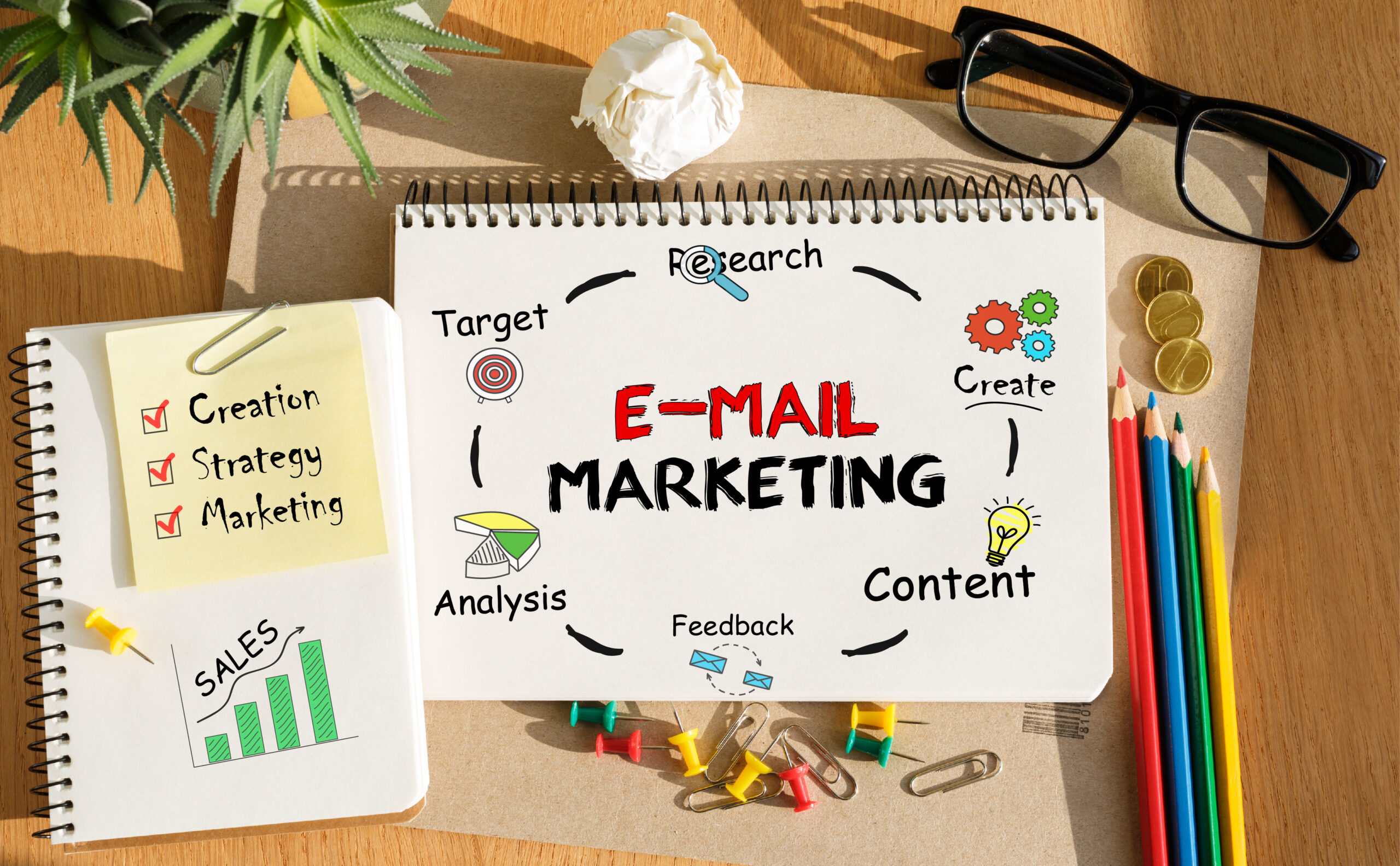 Notebook with Tools and Notes about E-mail Marketing strategy